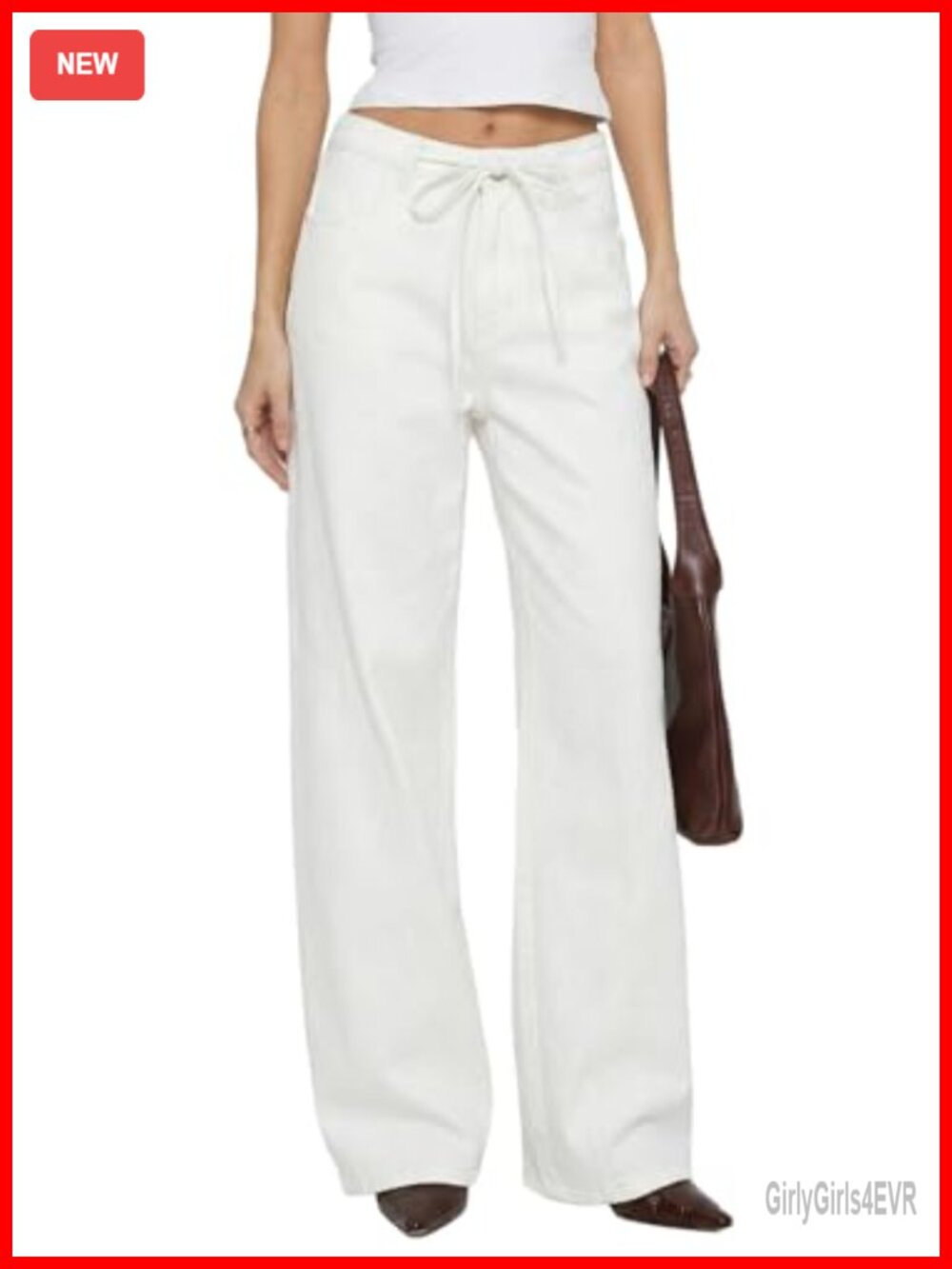 Mid Rise Wide Leg Stretchy Denim Jeans with Drawstring Button Front